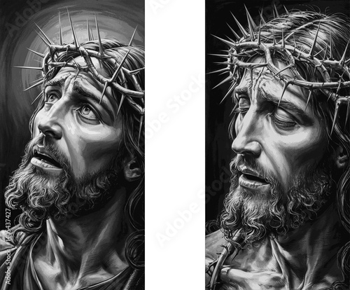 Jesus Christ with Thorn Crown Close-up Portrait Vector – Sacred Face Illustration, Religious Christian Artwork, Spiritual Symbol, Easter Design, Biblical Figure, Vintage Style