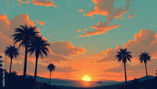 Art Deco Sunset An elegant scene combining Art Deco aesthetics with stylized palm trees and a luxurious sunset palette.