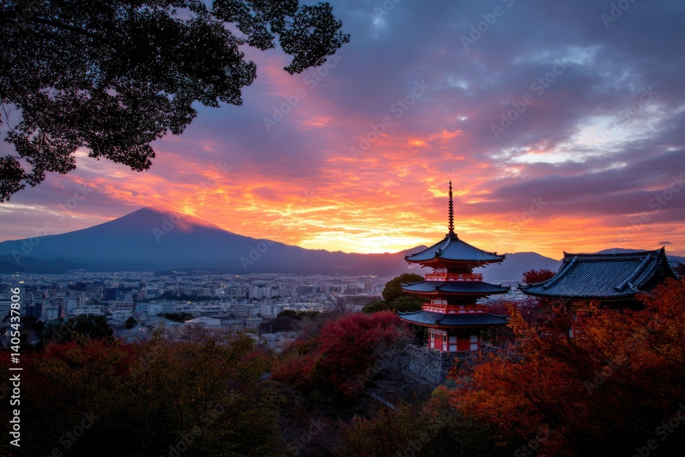 The stunning Kiyomizu-dera temple in Kyoto, framed by the breathtaking autumn sunset over Mount Fuji, Japan. The stunning Kiyomizu-dera temple in Kyoto, framed by the breathtaking autumn sunset over Mount Fuji, Japan.