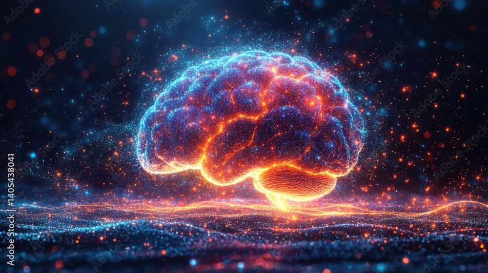 Colorful digital representation of a brain surrounded by glowing particles in a dark atmosphere Colorful digital representation of a brain surrounded by glowing particles in a dark atmosphere
