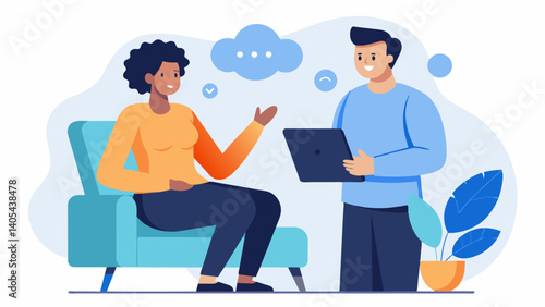 A the and his client having a discussion about body image with the the providing tools and techniques for his client to develop a more positive relationship with his body.. Vector illustration