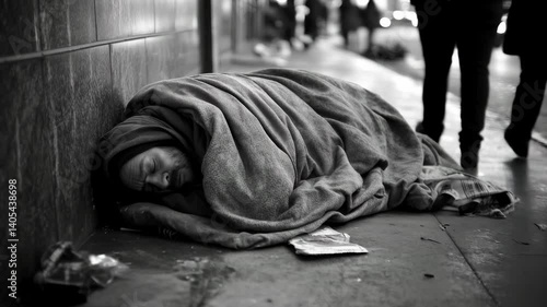 A homeless individual sleeps on the sidewalk wrapped in a blanket while city lights illuminate the surroundings at night