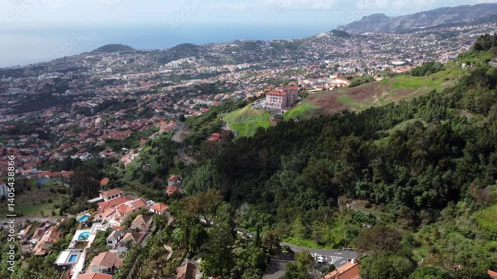 Aerial view of Funchal city and Monte hill with lush greenery, and sea in distance Aerial view of Funchal city and Monte hill with lush greenery, and sea in distance