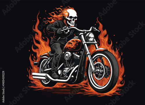 Vector t-shirt design with biker with human skull
and fire on black background.
Fashionable print for fabric, paper, men clothing,
hoodie, biker jacket. T shirt template with flame.