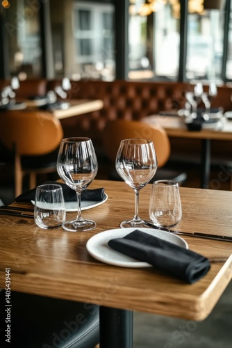 Elegant glassware presentation in a restaurant setting showcases a prepared table, Photography, Lifestyle