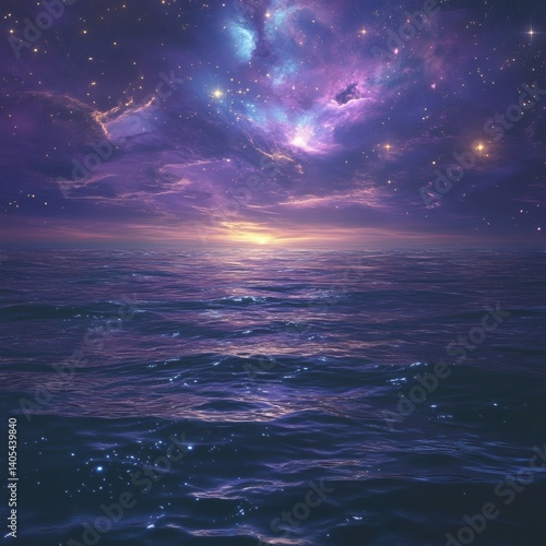 Ocean reflecting purple nebula and sunset under starry sky