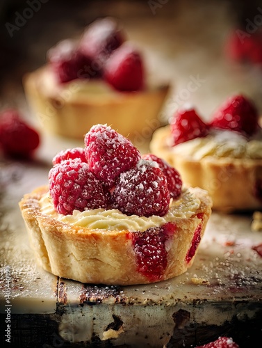 Delicious buttery tart with creamy filling raspberry decoration.
