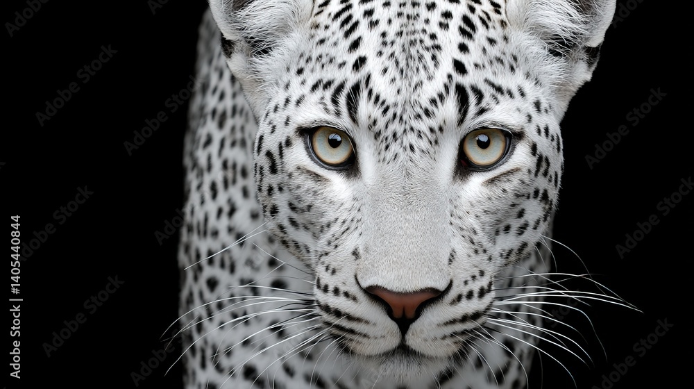Naklejka premium Snow leopard with white fur and black spots in side profile facing left with strong contrast background showing alert expression and thick fur coat in cold environment high clarity animal photograph