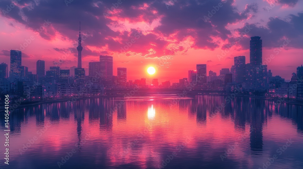 Naklejka premium Tokyo Skyline Sunset Reflection