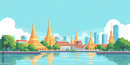 Bangkok Skyline: Golden Temples & Modern Cityscape on Water