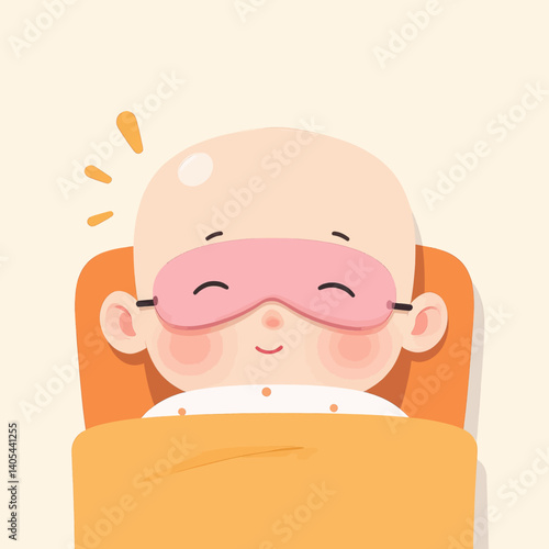 Bald child sleeps with a pink eye mask on
