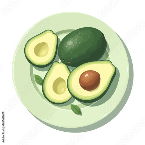 Avocado halves and whole on a light green plate