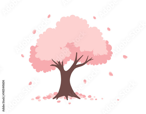 Blooming pink cherry tree with falling petals