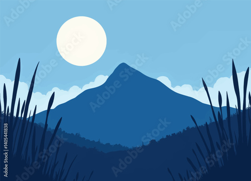 Blue Mountain Peak with Tall Grass and Full Moon