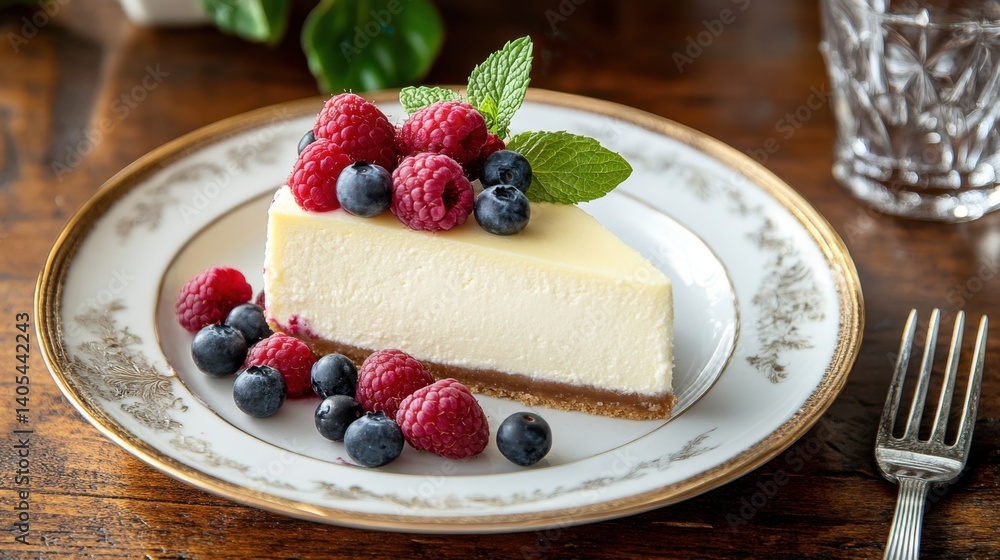 A slice of creamy cheesecake adorned with fresh raspberries and blueberries, presented on an ornate plate with a silver fork A slice of creamy cheesecake adorned with fresh raspberries and blueberries, presented on an ornate plate with a silver fork