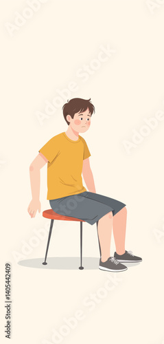Cartoon Boy Sitting on Stool, Looking Downcast