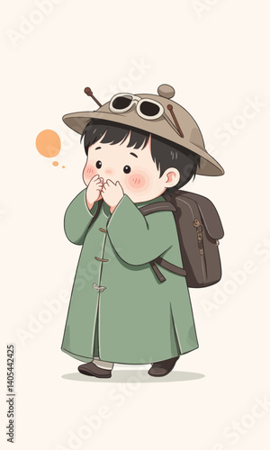 Cartoon boy with backpack, steampunk hat, and thought bubble