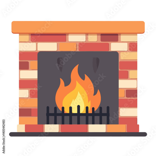 Cartoon Brick Fireplace with Orange Flames and Black Grate