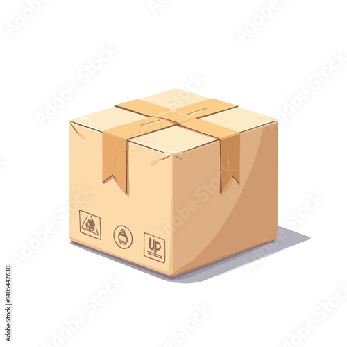 Cartoon cardboard box with tape and shipping symbols