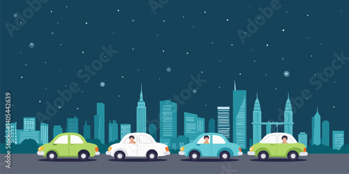 Cartoon Cars Drive Past City Skyline at Night