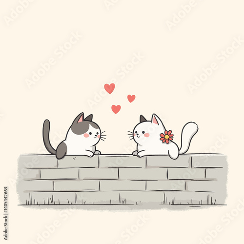 Cartoon cats in love on a brick wall with hearts