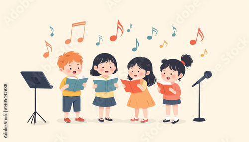 Cartoon Children's Choir Singing with Sheet Music