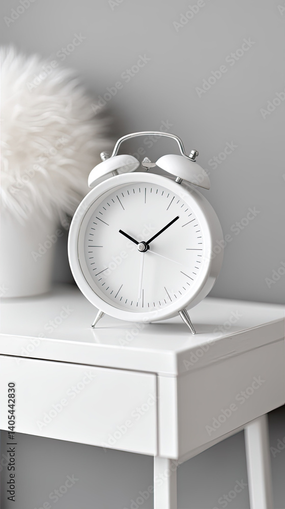 Naklejka premium White alarm clock on bedside table with decor