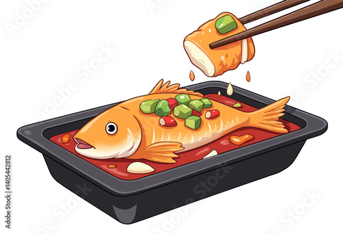 Cartoon Fish Dish with Tofu and Chopsticks