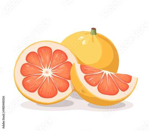 Cartoon Grapefruit Whole, Half, and Slice on White