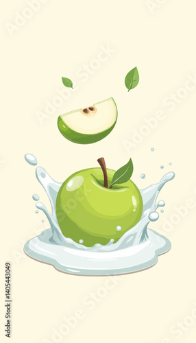 Cartoon Green Apple Splashing in Milk with Slice and Leaves