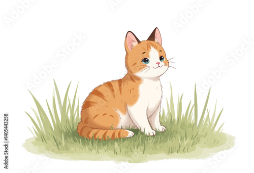 Cartoon Orange Tabby Kitten Sitting in Grass