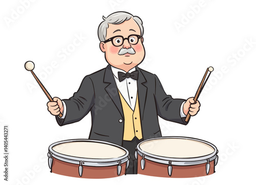 Cartoon Orchestra Drummer with Bowtie and Drumsticks