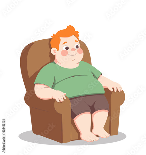 Cartoon red-haired boy sits in armchair, barefoot