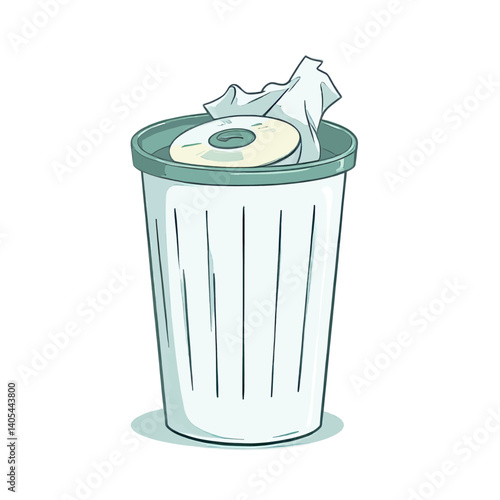 Cartoon Trash Can with CD and Paper