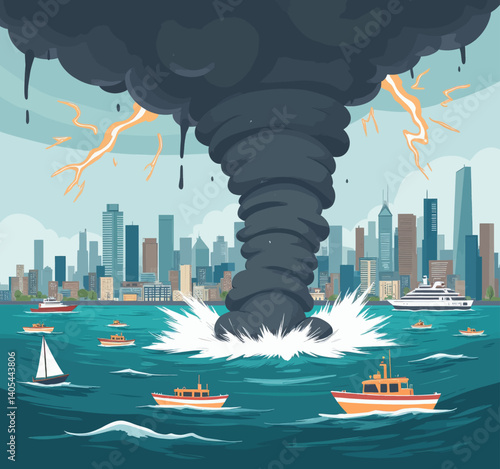 Cartoon tornado hitting ocean near city skyline