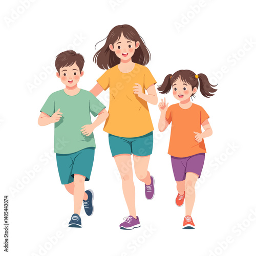 Cartoon woman and kids jogging together happily