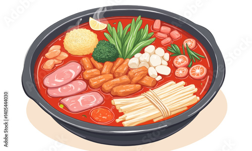 Cartoonish Tteokbokki Hot Pot with Noodles and Vegetables