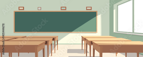Classroom Interior with Desks and Chalkboard