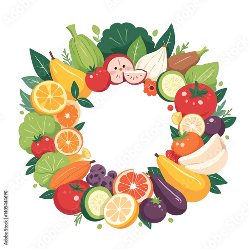 Colorful Fruits and Vegetables Wreath Illustration