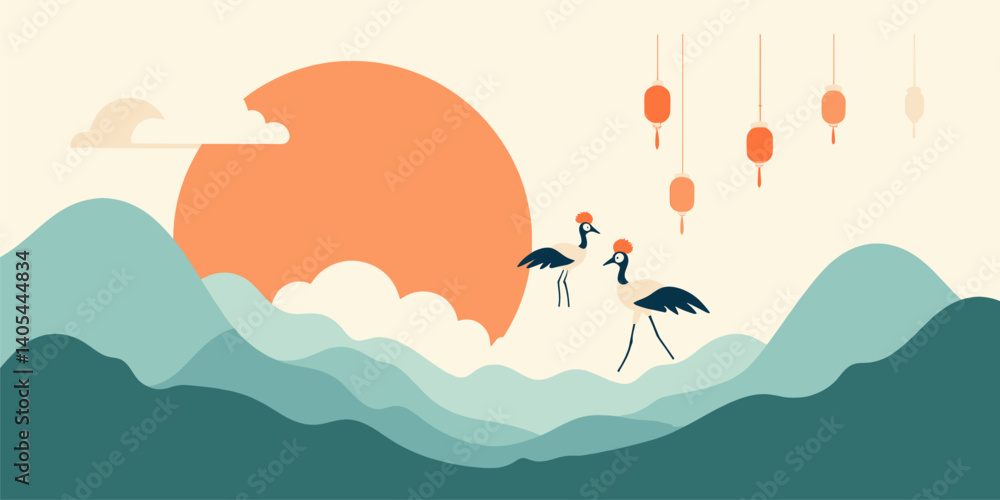Cranes, Mountains, and Lanterns at Sunset Flat Illustration Cranes, Mountains, and Lanterns at Sunset Flat Illustration