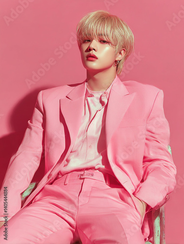 Korean male idol with short blond hair, dressed in a pastel pink suit, sitting on a chair , The pink background color