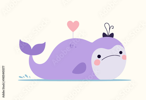 Cute Purple Whale with Heart and Bow Detail