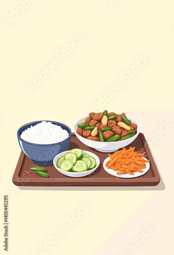 Delicious Filipino Adobo with Rice and Vegetables on Tray