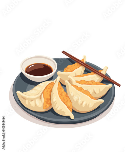 Dumplings on Plate with Soy Sauce and Chopsticks