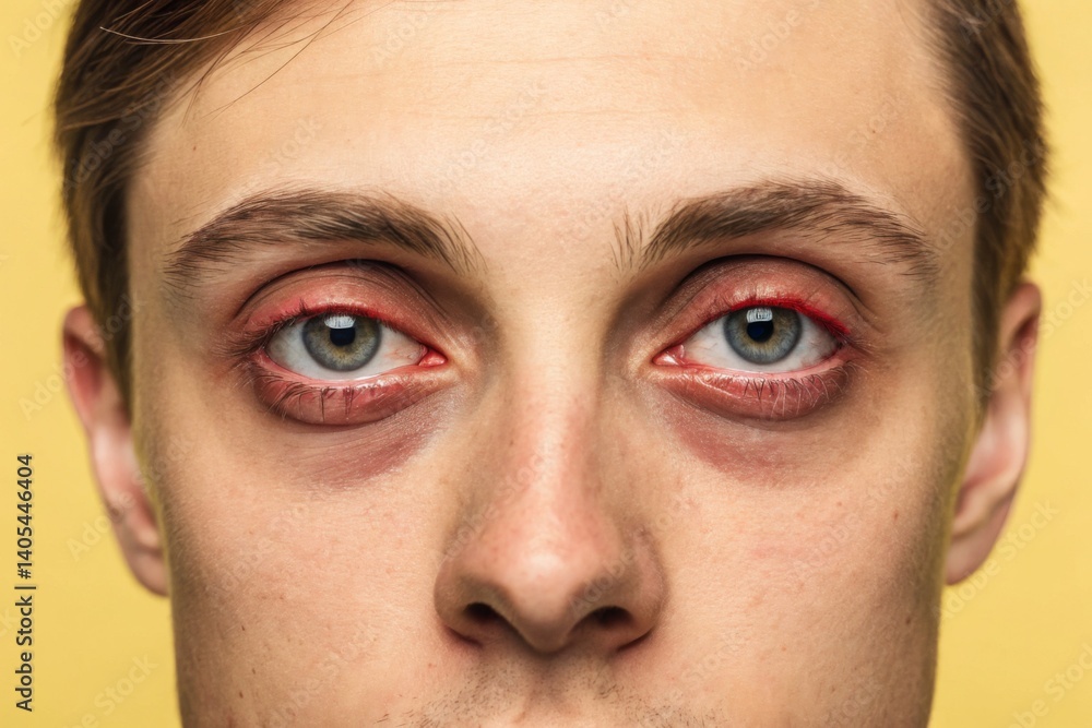 This close-up portrait captures a man's face with striking red eye makeup and noticeable puffiness under the eyes. This close-up portrait captures a man's face with striking red eye makeup and noticeable puffiness under the eyes.