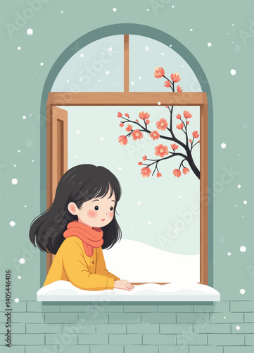 Girl gazing at snowy cherry blossoms through window