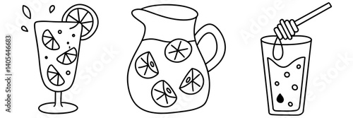 Refreshing lemonade served in glass and pitcher with lemon slices and honey drizzled on top creates delightful summer drink