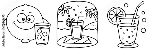 Refreshing lemonade served in glass with ice is perfect for sunny day by beach with palm trees