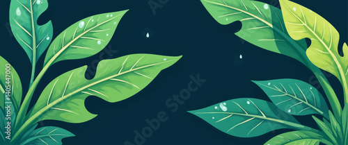 Green Foliage with Water Droplets on Dark Background