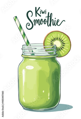 Green Kiwi Smoothie in Mason Jar with Striped Straw